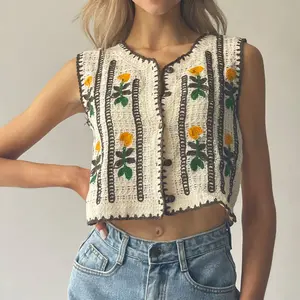 Dessinstudio Hand Wash Only Flower Crochet Button Vest with Delicate Detail Intricate Edge Stitching & Floral Embellishments