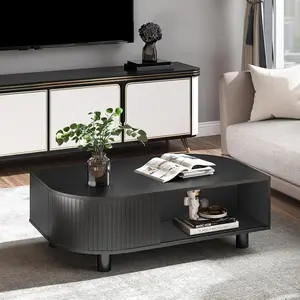 Modern 39.4" Coffee Table with Storage- Leaf-Shaped Wood Center Table with Storage, Retro Fluted Central Table with Sliding Door for Living Room, Office