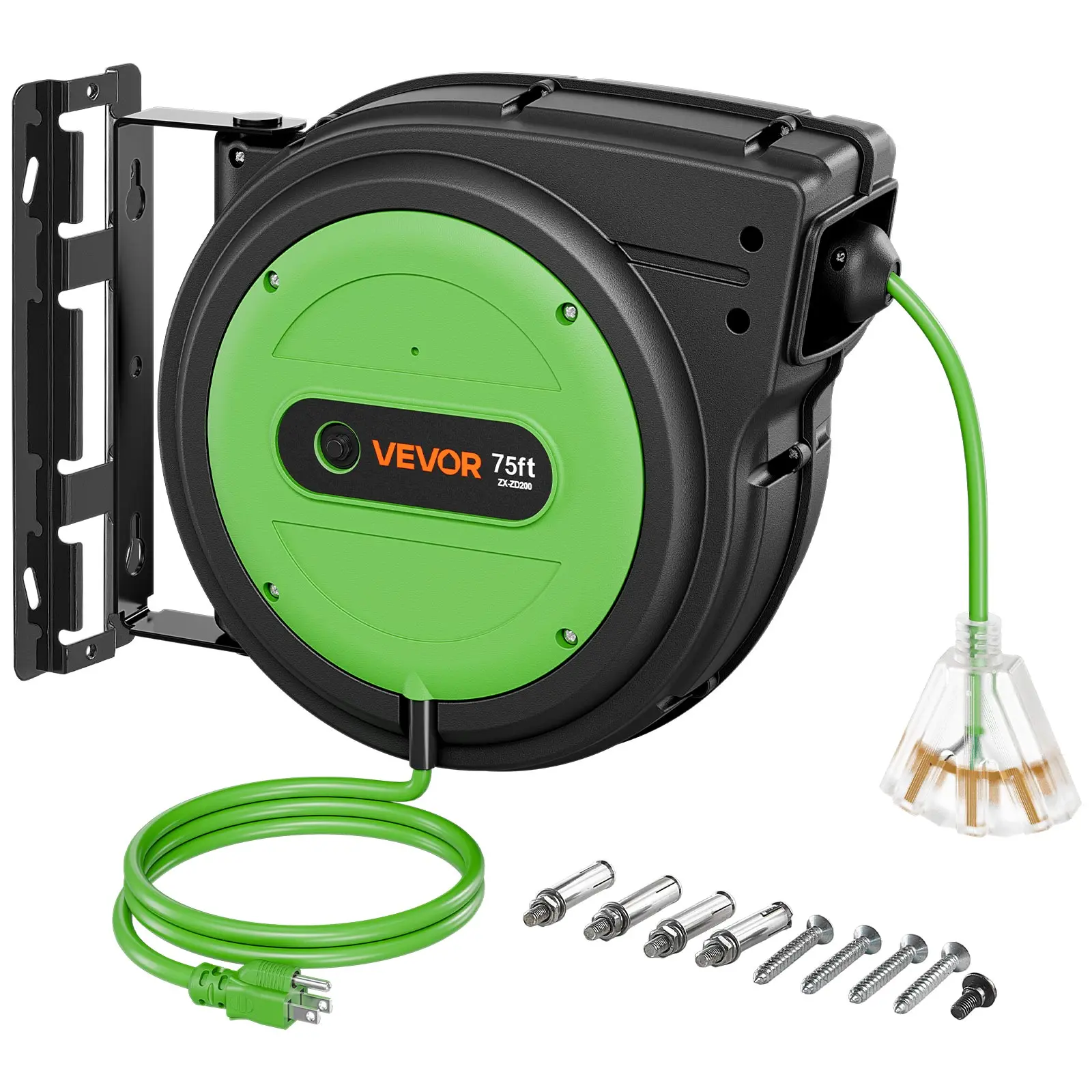 VEVOR Retractable Extension Cord Reel 75FT Heavy Duty 14AWG/3C SJTOW Green, for Ceiling/Wall Mount, 13A Circuit Breaker, Automatic Retractable Power Cord, Lighted Triple Tap, with 180° Swivel Bracket