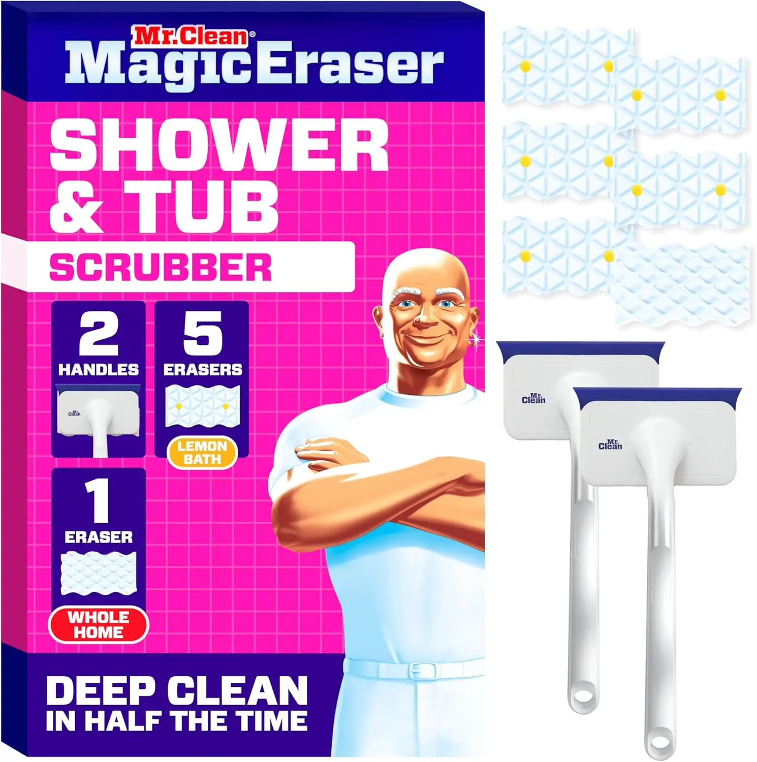 Mr. Clean Magic Eraser Lemon-Scented Shower & Tub Starter Kit, Bathroom Cleaning Scrubber with 2 Foaming Erasers
