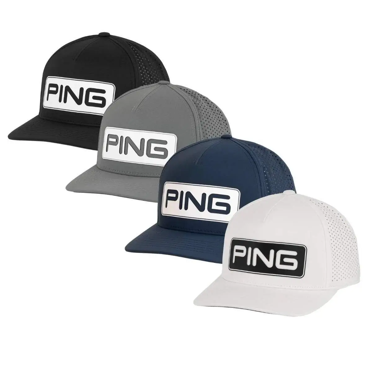 PING Men's 2026 Tour Vented Delta Golf Hat | Adjustable Mesh Trucker Snapback Cap | Breathable Lightweight Performance Golf Cap for Men & Women | Black White Blue #PINGGolfHat