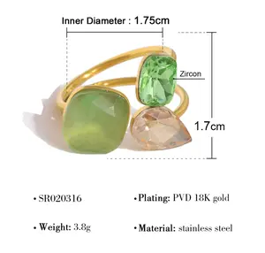 R338- 316L Stainless Steel Colored Square Zircon Splicing Open Ring!