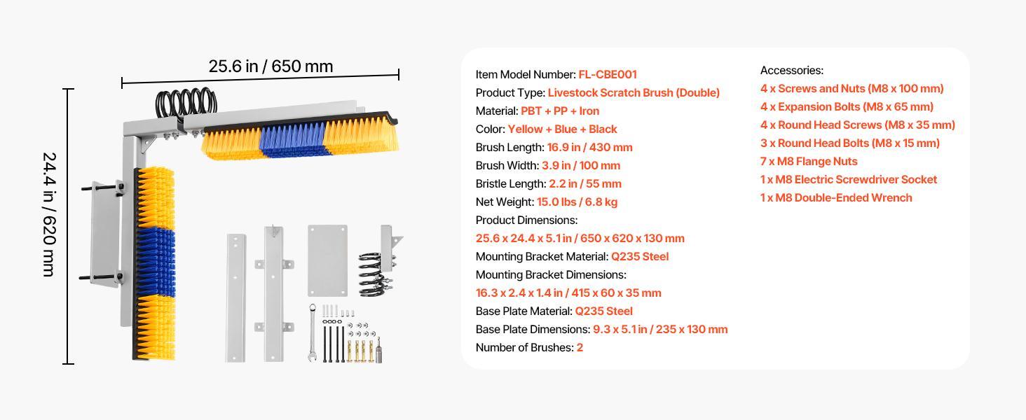 VEVOR 2 Way Livestock Scratching Brush, Dual Sided Goat Scratcher Brush with Mounting Bracket, 16.9" x 3.9" Cow Scratcher for Back Itch Relief, Massage Grooming Scratch Tool for Horse Cattle Sheep Pig