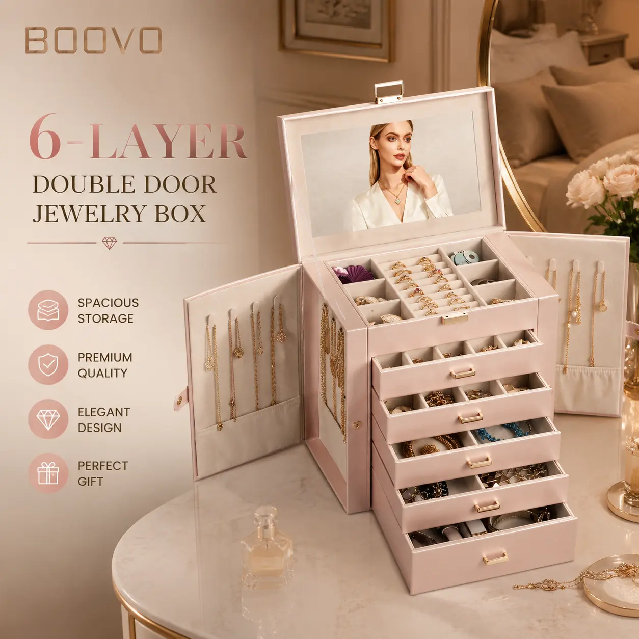 BOOVO（Rose Gold）Modern 6-Layer Jewelry Organizer Box for Women - Large Jewelry Storage Box with Glass Lid & Mirror, PU Leather Jewelry Holder, Anti-Tarnish Velvet Lining for Necklaces, Rings & Earrings, Elegant Gift for Her