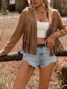 Women's Casual Fitted Long Sleeve Jacket with Fringe Design, Open Front Zipper Closure, Perfect for Daily Wear & Layering, Outerwear Coats