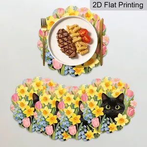 4pcs/set Spring Floral Cat Theme Placemats, Tulip Hyacinth 2D Print, Fresh Country Style, Suitable for Table Layout, Restaurant, Home, Kitchen, Hotel, Wedding, Outdoor Party Desktop Decoration