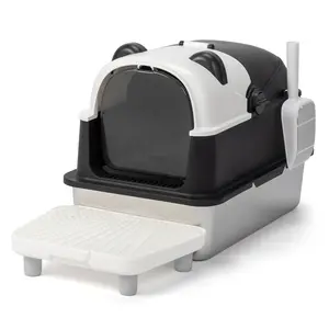 Rebuyhome Stainless Steel Cat Litter Box with Panda Design, Enclosed Removable Metal Litter Boxs with High Sided Enclosure & Scoop & Filter Pedal,Extra Large Litter Box with Lid for Big Cats,  Anti-Leakage, Cleaning