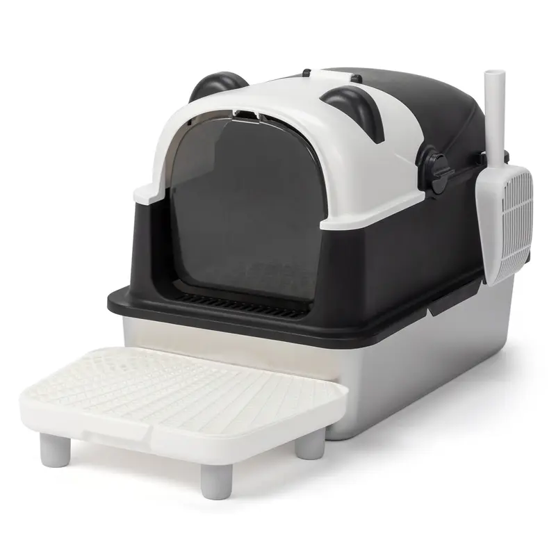 Rebuyhome Stainless Steel Cat Litter Box with Panda Design, Enclosed Removable Metal Litter Boxs with High Sided Enclosure & Scoop & Filter Pedal,Extra Large Litter Box with Lid for Big Cats,  Anti-Leakage, Cleaning