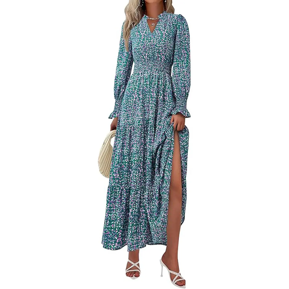 PrettyGarden Women's Floral Maxi Dress Long Sleeve V Neck Casual A Line Long Flowy Boho Party Dresses, Womenswear