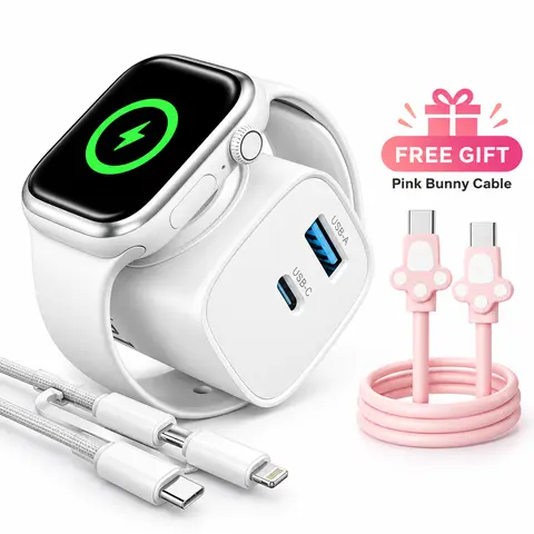 OOI 3-in-1 Travel Charger Compatible with Apple Watch Models, Built-in Magnetic Watch Charger, USB-C & USB-A Dual-Port 20W PD Fast Charging Adapter, Includes 2-in-1 USB-C/Lightning Cable for iPhone & AirPods (TikTok Shop SohoChic）