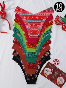 10PCS Women's Christmas Cartoon Print Drop-Waist Fitted Underwear, Casual All-Season Ladies Panties