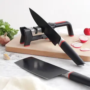 2-Stage Hand-Held Sharpener - Black Design with Red Accents, Ideal for Sharpening Knives