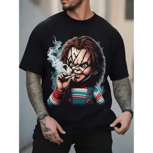 Chucky-Inspired Men'S 3D Printed T-Shirt - Casual Polyester, Crew Neck, Machine Washable, with Stitched Detail - Black,  Graphic Tops