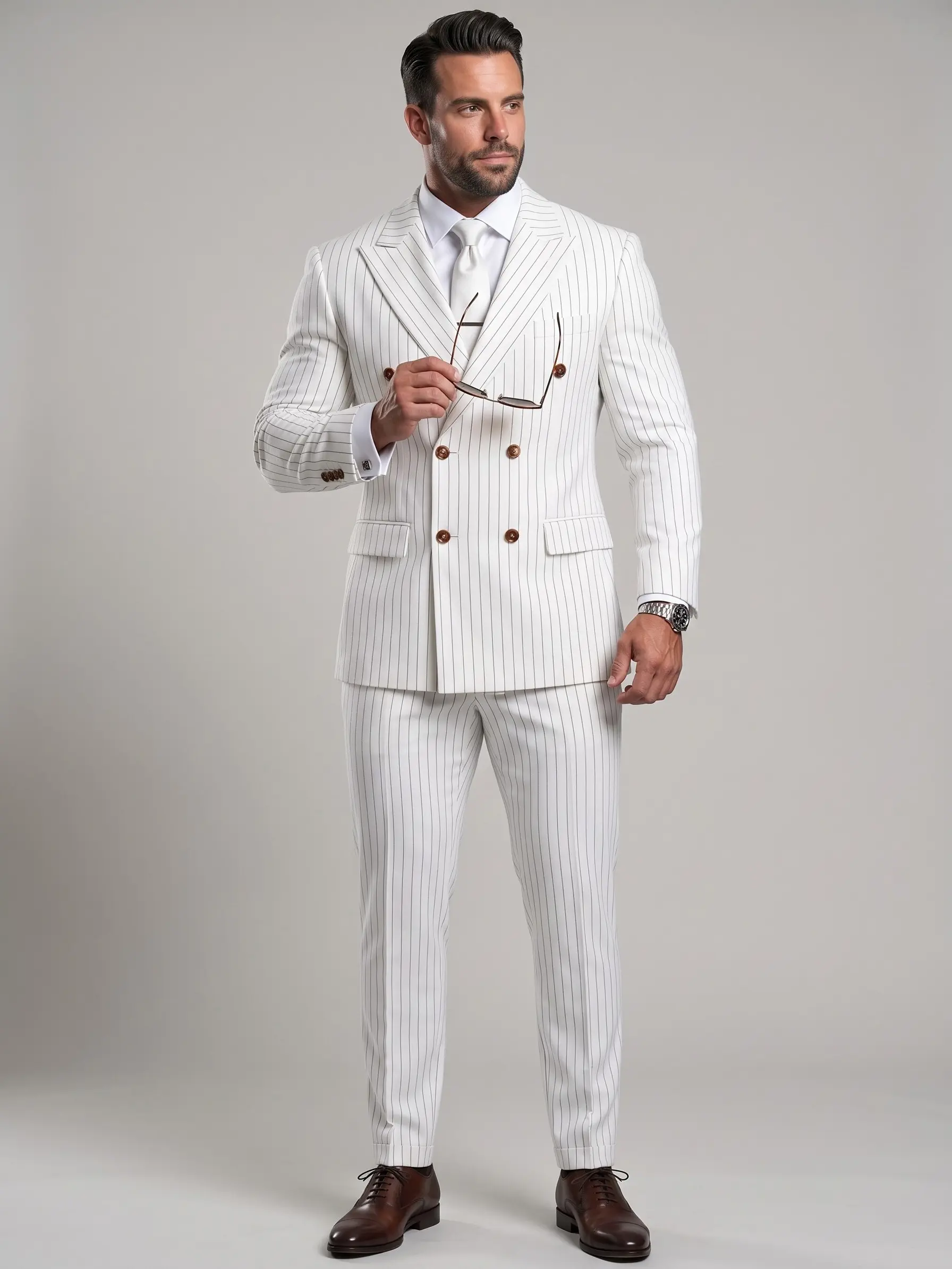 KZZ Men's Fitted Striped 2-Piece Suit, Complete Set with Button Closure for Business, Wedding & Evening Events