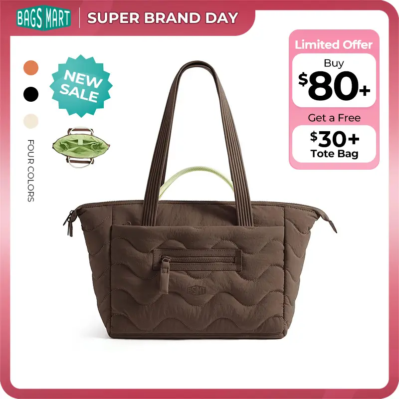 【NEW IN】BAGSMART SOUND Wave Quilted Women's Tote Bag, 2-Way Hand & Shoulder Design, Soft Padded Pressure-Relief Shoulder Straps, Water-Resistant Multi-Pocket Organizer, Contrast Lining, 4 Trendy Colors Super Brand Day tiktokshopbacktoschool