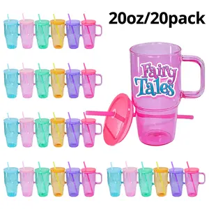 20pack 20oz Colorful Glass Tumbler with Handle ,with Lids and Straws Wide Mouth Iced Coffee Cups, Insulated and Refrigerated Beverage Cup,for Heat Press Machine & Oven DIY Printing, Insulated and Refrigerated Beverage