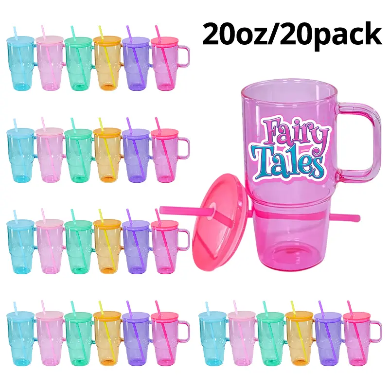 20pack 20oz Colorful Glass Tumbler with Handle ,with Lids and Straws Wide  Mouth Iced Coffee Cups,