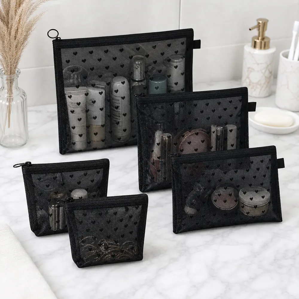 5 Pcs Mix Sturdy Textured Heart-Design Transparent Mesh Makeup Bags, Portable Zipper Travel Gear for Women's Toiletries & Essentials, Ideal for Cosmetic Organization (TikTok Shop Back to School)