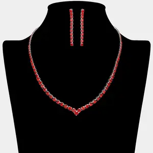 Round Red Rhinestone and Earrings Necklace Set | Prom Jewelry | 650578