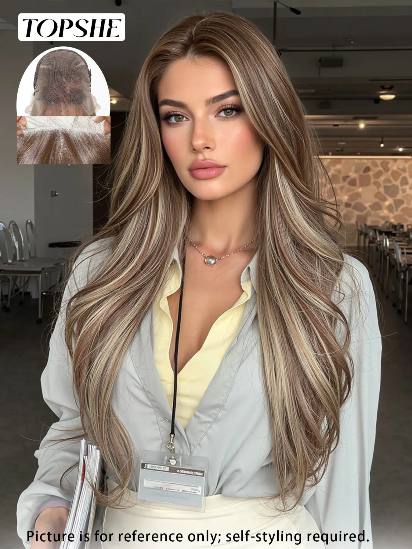 Topshe 13x6 Lace Front Wig, Glueless Frontal Wig, Ash Brown Highlighted Wigs, Loose Curly Wig, Long Curly Brown Hair, Breathable Synthetic Fiber, Natural Daily Wear, Heat Resistant, Comfortable and Lightweight, Fluffy Wave Wig