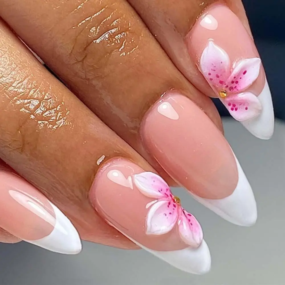 24pcs Almond 3d gel flower white French Tip Press On Nails , Fit Perfectly Acrylic False Nail set,contain 1pcs Jelly Glue and 1p