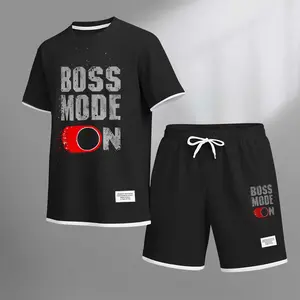 Men's Boss Mode On Print Drawstring Shorts Set For Spring/Summer. A Casual Summer Outfit, Including A Short-Sleeved Shirt And Shorts, Suitable For Everyday Wear And Sports. A Two-Piece Set For A Relaxed And Energetic Lifestyle.