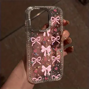 Love Bow Luxury Rhinestone Fashion Phone Case Cover, Transparent Flash Diamond Frame Star Case Anti-drop Case, Suitable for iPhone 17 16 15 14 13 12 11 X XS XR Pro Max Plus Air Series, Ideal Birthday or New Year's Gift for Friends, Family and Loved Ones