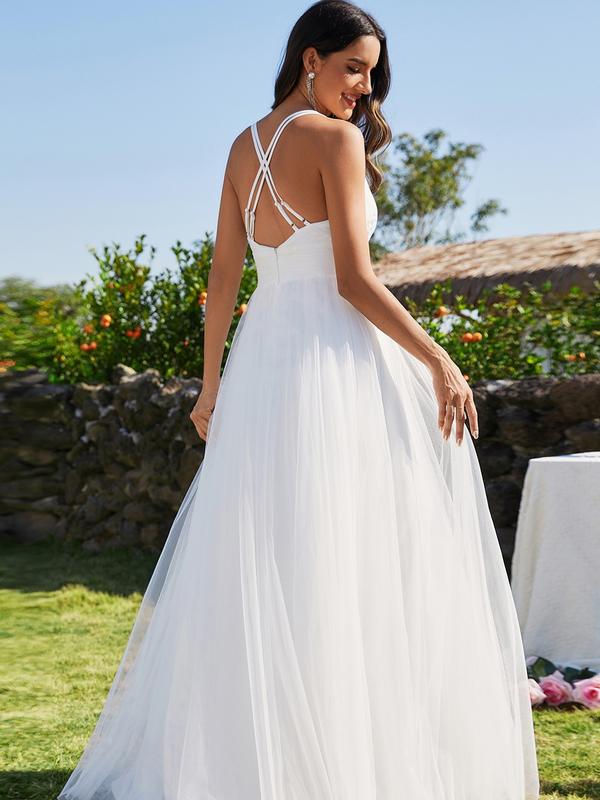 Ever-Pretty Sleeveless V-Neck Lace Tulle Long Dress – Backless Valentine dress Bride Wedding Dress and Bridesmaid Dress, Flowy and Slim Fit Gown for Summer Ceremony 01946