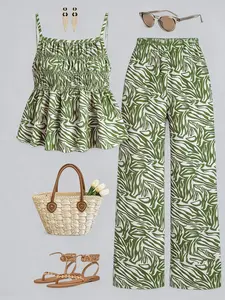Casual Basic Vacation Strapless Set, Top and Printed Wide Leg Pants, 2 Piece Set for Daily Wear, Spring Summer Women's Clothing