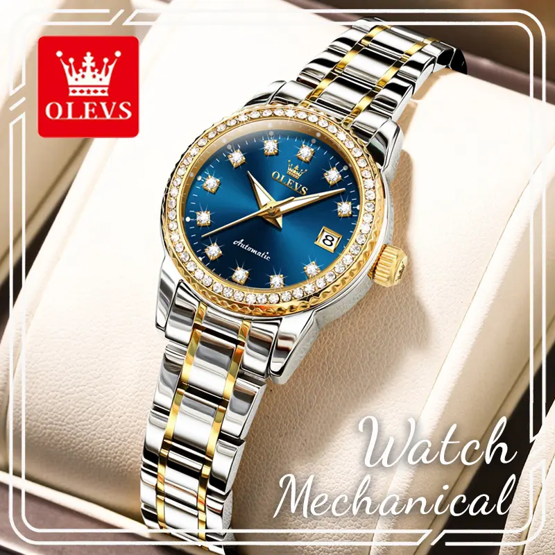OLEVS Women's Elegant Automatic Watch, 29mm 2-Tone Steel Strap with Blue Dial and Rhinestones Accents, 30m Water Resistant, Accessories for Women, Clasp, Watches For Women, 2-Tone Band