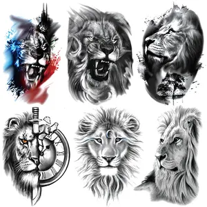 6 Lion Temporary Tattoo Stickers, Body Fake Tattoos, Waterproof Realistic Lion Pattern, Unisex Adult Body Art Decor, Western Gothic Watercolor Style