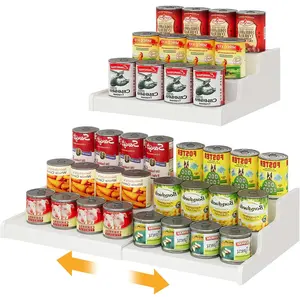 Expandable Bamboo Can Rack Organizer for Pantry, 3-Tier Adjustable Can Storage for Kitchen Cabinets, Soda & Canned Goods Holder for Pantry Organization, Holds Up to 24 Cans, White (Patent Pending)