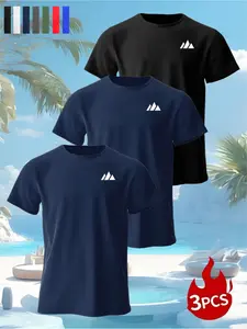 3-Pack Summer Sporty Mountain Print T-Shirts, Soft Breathable Polyester Crew Neck, Casual Comfort, Smooth Touch, Multiple Colors Available