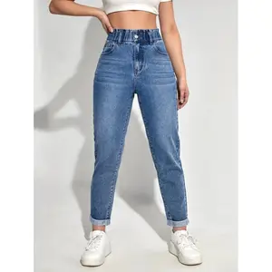 Women's Bag Waist Cuffed Hem Mom Jeans Bottom Pants Streetwear Denim Basic Minimalist High Rise Comfortable Fit
