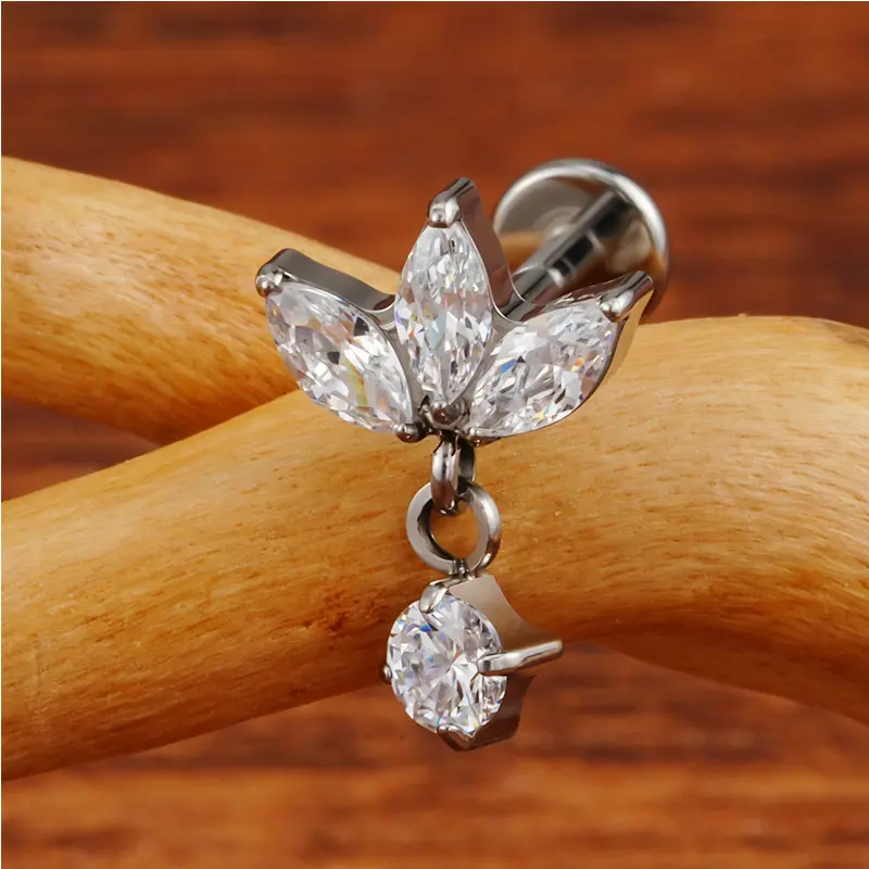 Implant Grade Titanium 16G Internally Threaded Labret Stud - Triple Marquise CZ, Marquise Shape Earrings for Monroe Lip, Cartilage, Helix, Helix Piercing Earrings, Metal Studs Earrings