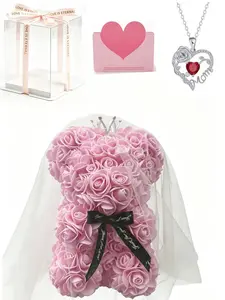 Handmade Eternal Flower Rose Bear Wedding Crown Bow Mom Heart Ruby Necklace Gift Set, Mother's Day Gift, Birthday Present, Jewelry Gift Set
