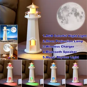 POGOLAB 5 in 1 Speaker Wireless Portable Moon Lighthouse Lamp Light Table Lamp Galaxy Projector Rechargeable LED Aesthetic Table Lamp for Kids, Children