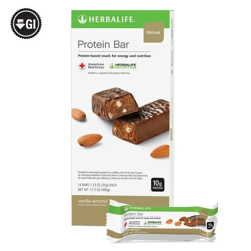 Herbalife Deluxe Vanilla Almond Protein Bar, 14-Count Box, Chewy Chocolate-Coated Food and Snacks Item, 10g Protein, 140 Calories, Vanilla Almond Flavor for Active Lifestyle