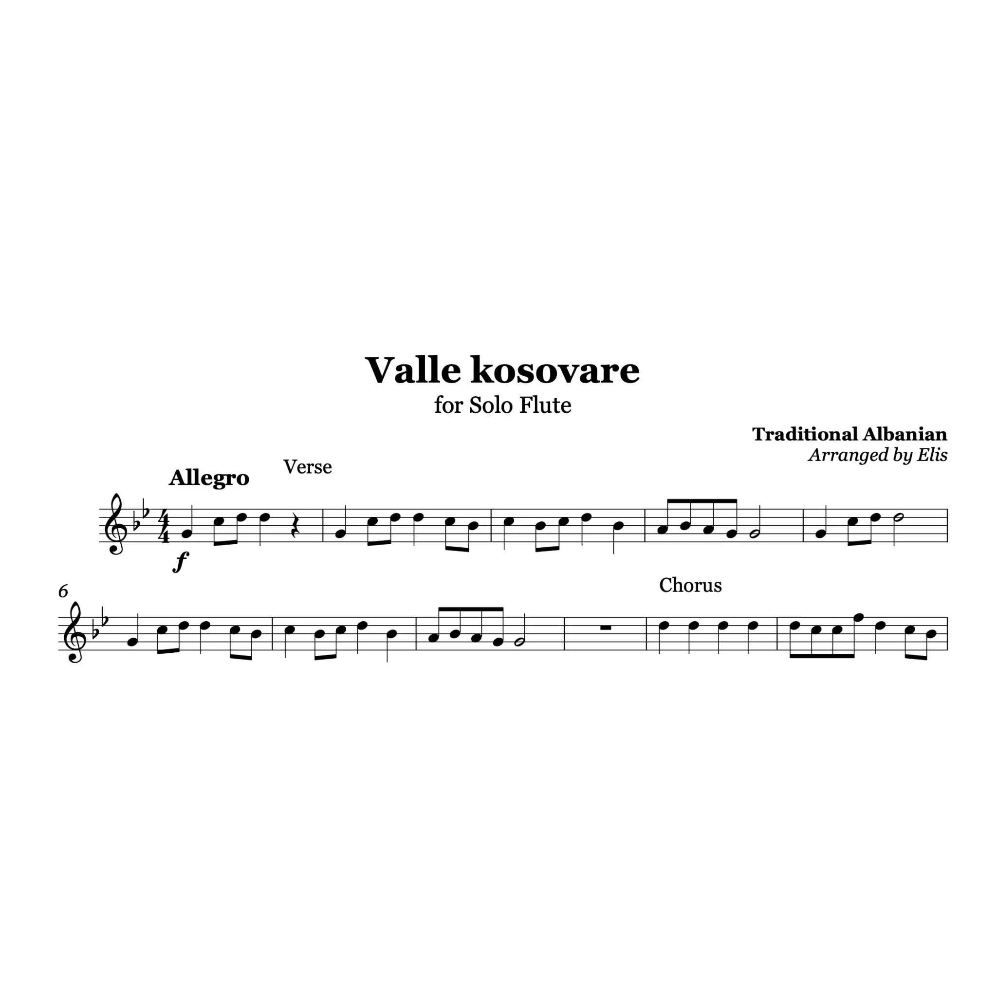 Valle kosovare, Albanian Flute Sheet Music
