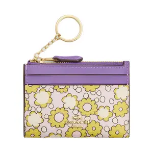 COACH Skinny Id Case with Floral Print and Gold Logo on Coated Canvas. Mini Card Holder for Women in Purple and Yellow.