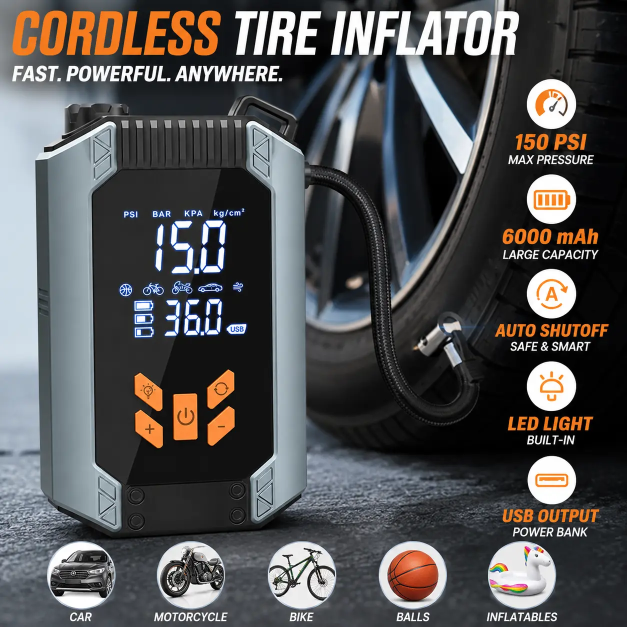 Handheld Portable Cordless Tire Inflator - 150 PSI Fast Air Pump with Auto Shutoff, 6000mAh Rechargeable Battery, LCD Pressure Gauge, LED Emergency Light for Cars, Bikes