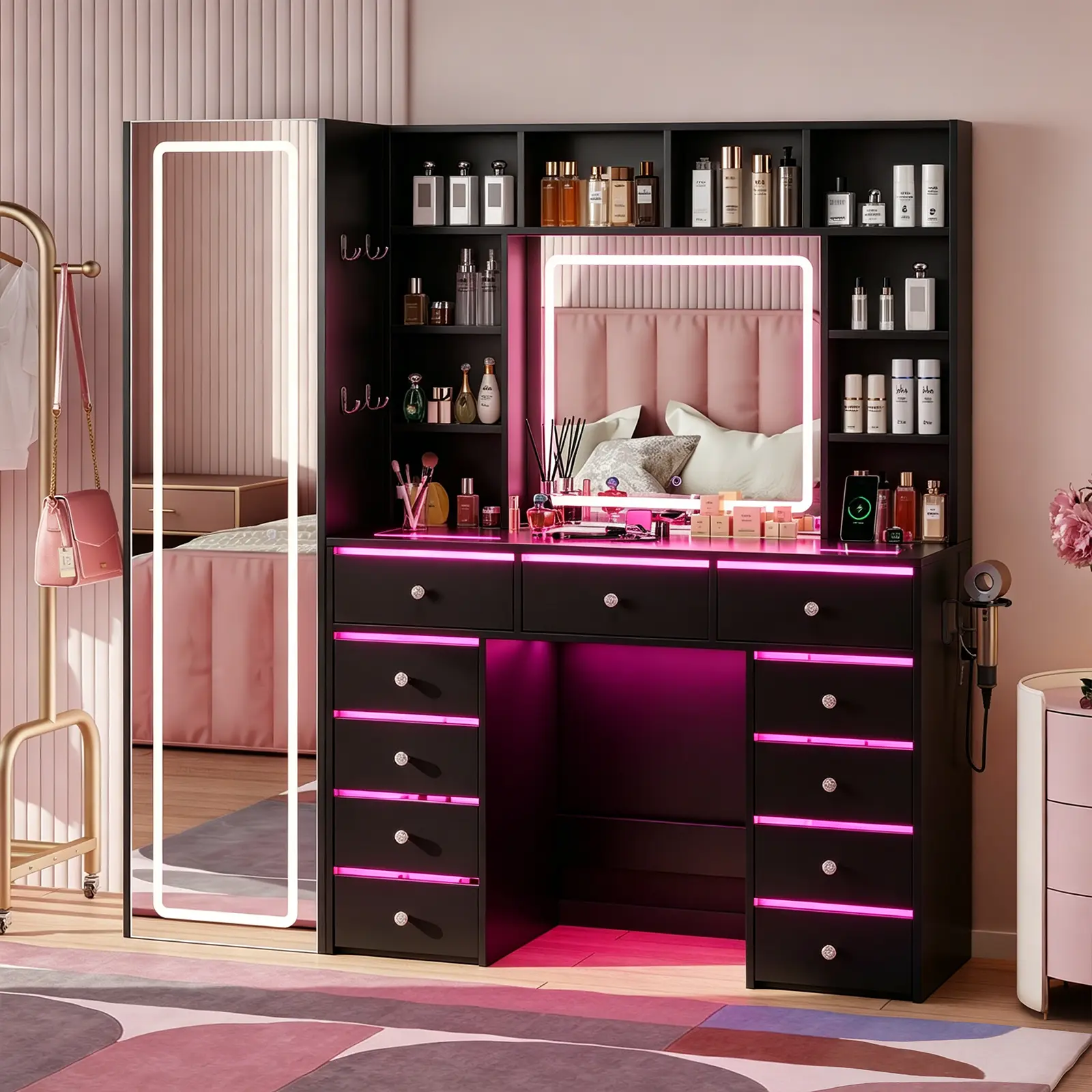 White Transparent Top RGB Drawer Vanity Desk Bedroom Dorm Makeup Storage Station 10 Shelf Beauty Organizer Home Decor Makeup Furniture Charging Function Vanity Station Bedroom Dorm Vanity Setup Beauty Storage Organizer Functional Makeup Vanity