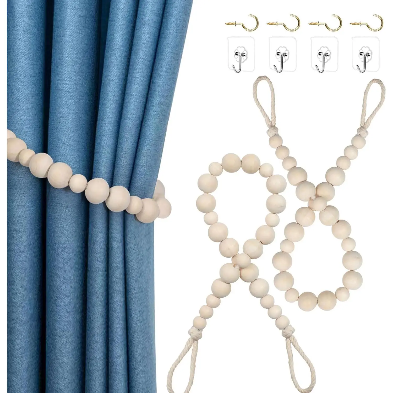 2 count Boho Curtain Tiebacks, Beads Curtain Holdbacks,Outdoor Farmhouse Tie Backs for Curtains,Curtain Holders for Drapes Home Office Decor with Hooks No Drilling( Color)
