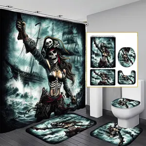 1/3/4PCS Pirate Ship Shower Curtain set, Dark Ocean Adventure Bathroom Decor, Accessories with Bath Mat, U-shaped Mat, Toilet Lid Cover, 12 Hooks 180x180cm Curtain, Nautical Theme, Home Decor, bathroom accessories.