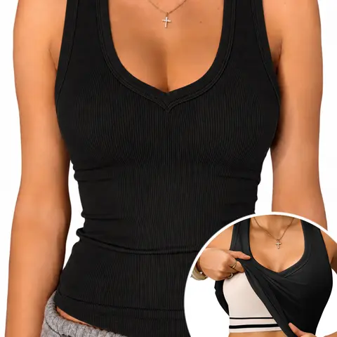 Danysu Built in Bra V Neck Tank Tops for Women Ribbed Knit Racerback No See Through Sleeveless Basic Tee Fitted Tops campingessentials