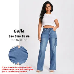Women High Waisted Cargo Jean for Women with 6 Pockets Straight Wide Leg Jean Casual Baggy Pants