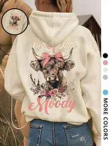 Trendy Women's Highland Cow Pattern Fitted Hoodie, Cute Cartoon Cow Print, Casual Comfortable, Fall & Winter Wear