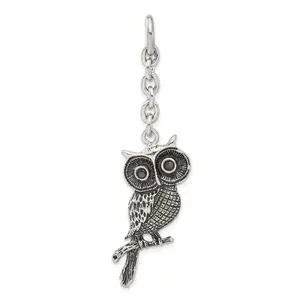 Stainless Steel Antiqued Owl With  CZ Interchangeable Charm Pendant