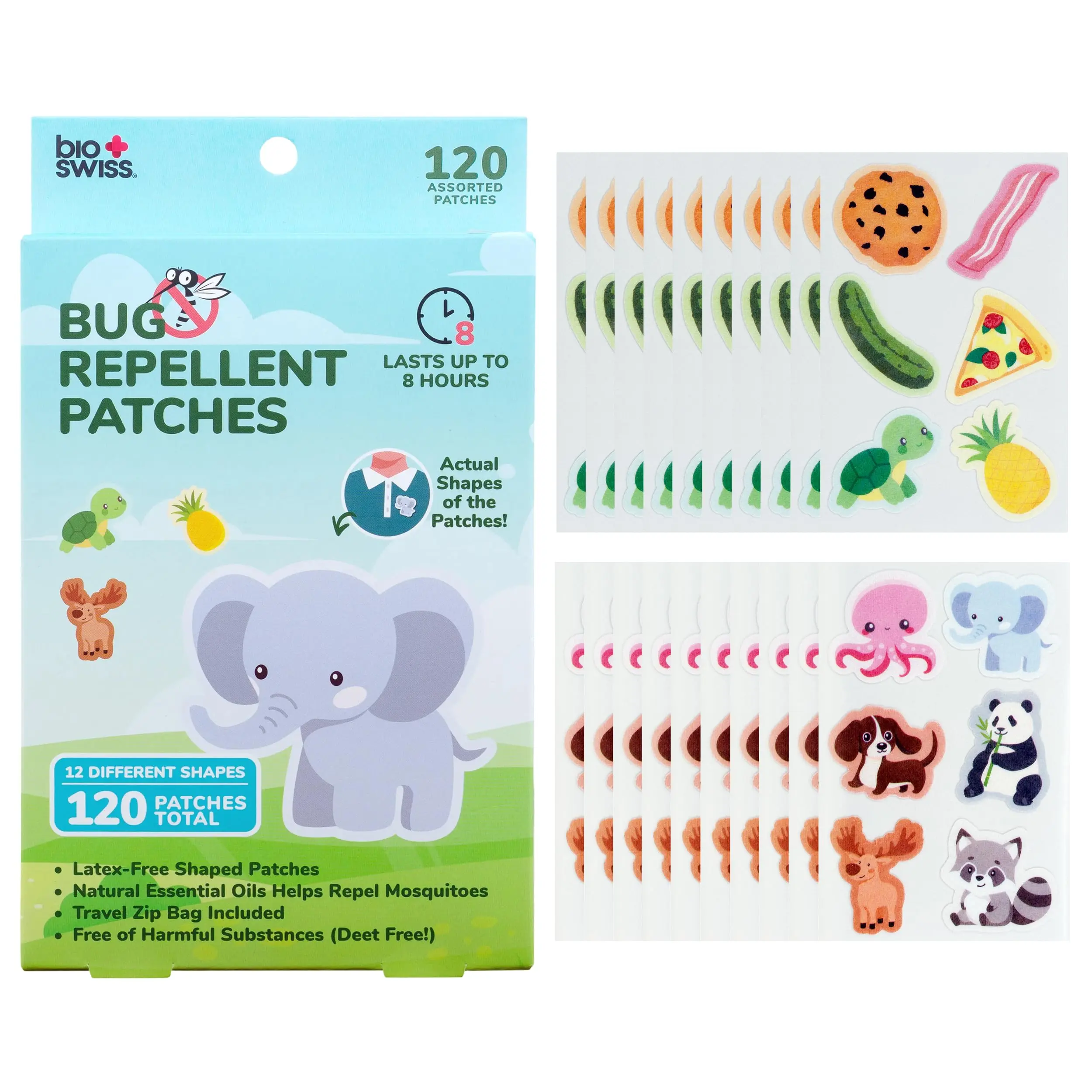 BioSwiss Mosquito Repellent Patches, Bug Patch Stickers for Kids and Adults, Fun Shapes, Natural Essential Oils, Latex and Deet Free, 120 Count, Unisex