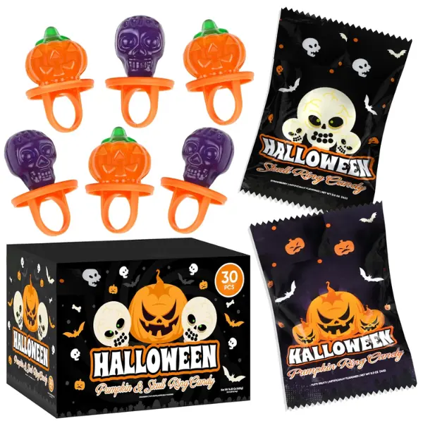 30 Pack Halloween Ring Candy Individually Wrapped Pumpkin & Skull Lollipops Strawberry & Tutti Frutti Suckers Halloween Candy Bulk for Kids Trick or Treat Party Favors Goodie Bags Classroom Treats & Boo Basket Stuffers